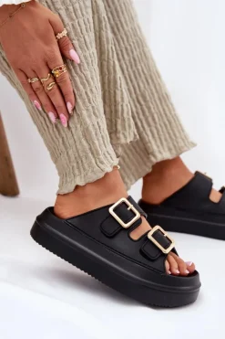 Klapki Damskie Na Platformie Ze Złotymi Klamrami Czarne Zorila