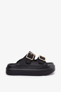 Klapki Damskie Na Platformie Ze Złotymi Klamrami Czarne Zorila