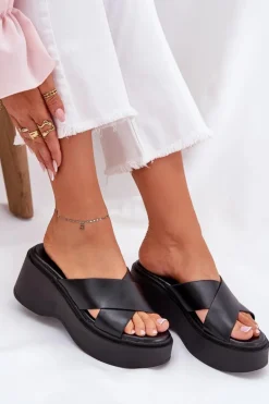 Klapki Damskie Na Platformie I Koturnie Czarne Nelithraea