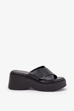 Klapki Damskie Na Platformie I Koturnie Czarne Nelithraea