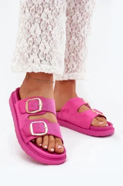 Klapki Damskie Na Platformie Ze Złotymi Klamrami Fuksja Verena