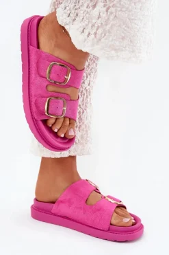 Klapki Damskie Na Platformie Ze Złotymi Klamrami Fuksja Verena