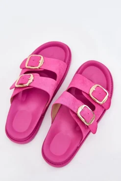 Klapki Damskie Na Platformie Ze Złotymi Klamrami Fuksja Verena