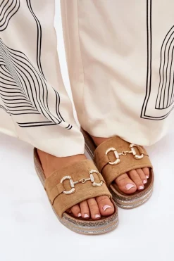 Klapki Damskie Na Platformie Ze Złotą Ozdobą I Brokatem Camel Morisela