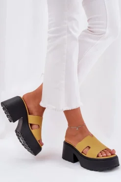 Klapki Damskie Na Platformie I Masywnym Obcasie Żółte Rizana