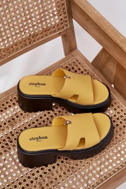 Klapki Damskie Na Platformie I Masywnym Obcasie Żółte Rizana