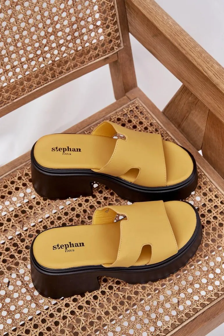 Klapki Damskie Na Platformie I Masywnym Obcasie Żółte Rizana