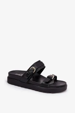 Klapki Damskie Na Platformie Ze Złotymi Klamrami Czarne Wernone