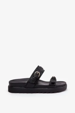 Klapki Damskie Na Platformie Ze Złotymi Klamrami Czarne Wernone