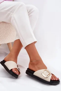 Klapki Damskie Na Platformie Ze Złotą Klamrą Beżowe Jovira