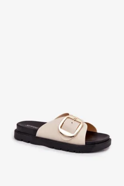 Klapki Damskie Na Platformie Ze Złotą Klamrą Beżowe Jovira