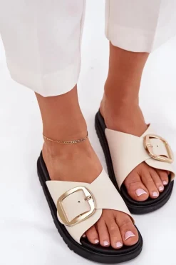 Klapki Damskie Na Platformie Ze Złotą Klamrą Beżowe Jovira