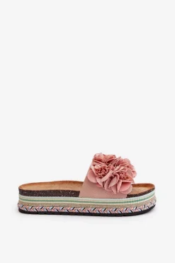 Klapki Damskie Na Platformie Ozdobione Kwiatkami Różowe Nodina