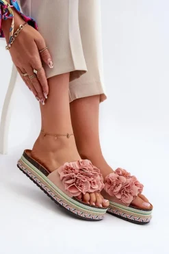Klapki Damskie Na Platformie Ozdobione Kwiatkami Różowe Nodina