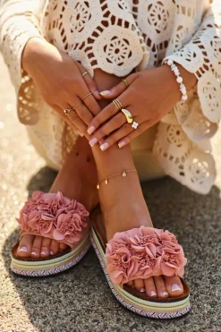 Klapki Damskie Na Platformie Ozdobione Kwiatkami Różowe Nodina