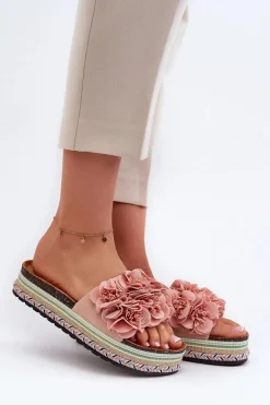 Klapki Damskie Na Platformie Ozdobione Kwiatkami Różowe Nodina