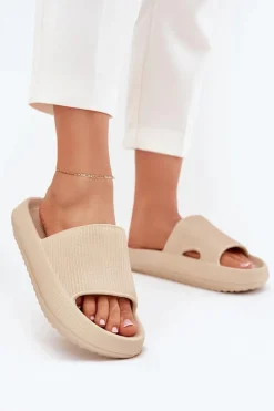 Klapki Damskie Na Platformie Z Wycięciem Beżowe Ameira
