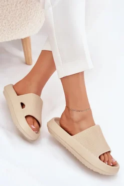 Klapki Damskie Na Platformie Z Wycięciem Beżowe Ameira