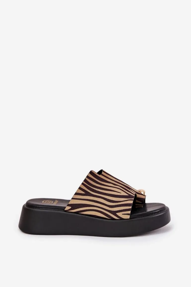 Klapki Damskie Na Platformie I Niskim Koturnie Z Ozdobnym Detalem Zebra Czarno-Beżowe Saqesse