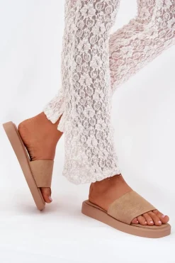 Klapki Damskie Na Platformie Z Eko Zamszu Ciemnobeżowe Jorina