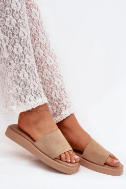 Klapki Damskie Na Platformie Z Eko Zamszu Ciemnobeżowe Jorina