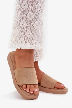 Klapki Damskie Na Platformie Z Eko Zamszu Ciemnobeżowe Jorina