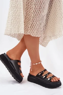 Klapki Damskie Na Platformie Z Paskami Czarne Nimiotte