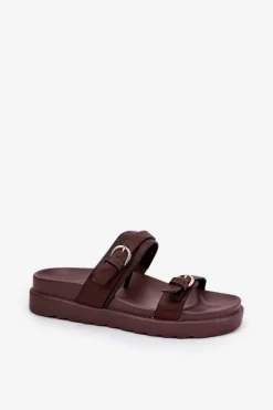 Klapki Damskie Na Platformie Ze Złotymi Klamrami Brązowe Wernone