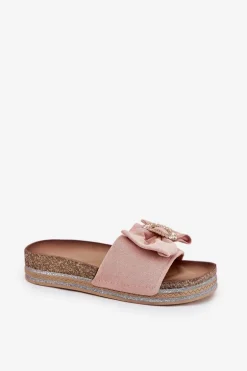 Klapki Damskie Na Platformie Z Kokardką I Ozdobną Broszką Różowe Lenela