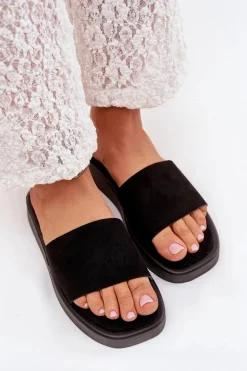 Klapki Damskie Na Platformie Z Eko Zamszu Czarne Jorina