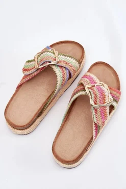 Klapki Damskie Na Platformie Z Plecionką I Złotą Klamrą Multikolor Filazzia