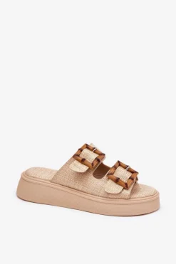 Klapki Damskie Na Platformie Z Klamrami Beżowe Xanivia