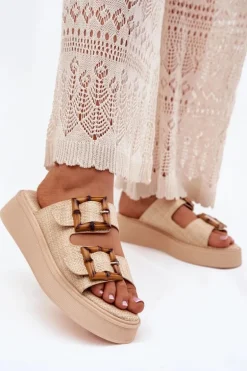 Klapki Damskie Na Platformie Z Klamrami Beżowe Xanivia