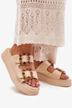 Klapki Damskie Na Platformie Z Klamrami Beżowe Xanivia