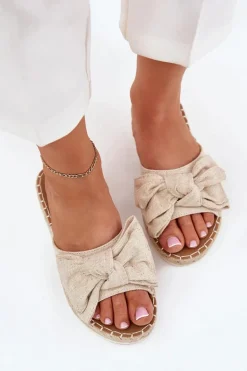 Klapki Damskie Na Platformie Z Plecionką I Kokardką Beżowe Alpireda