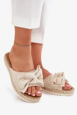 Klapki Damskie Na Platformie Z Plecionką I Kokardką Beżowe Alpireda