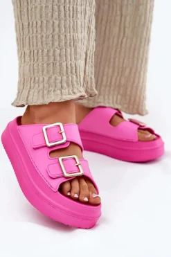 Klapki Damskie Na Platformie Ze Złotymi Klamrami Fuksja Zorila