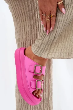 Klapki Damskie Na Platformie Ze Złotymi Klamrami Fuksja Zorila