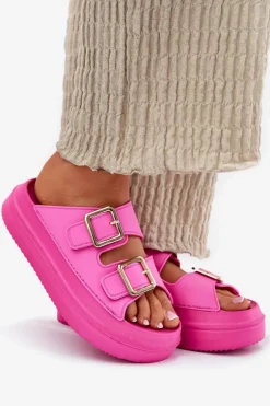 Klapki Damskie Na Platformie Ze Złotymi Klamrami Fuksja Zorila