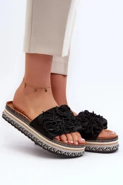 Klapki Damskie Na Platformie Ozdobione Kwiatkami Czarne Nodina