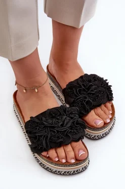 Klapki Damskie Na Platformie Ozdobione Kwiatkami Czarne Nodina
