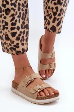 Klapki Damskie Na Platformie Z Klamrami Eko Zamszowe Beżowe Ursila