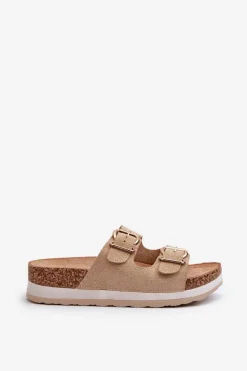 Klapki Damskie Na Platformie Z Klamrami Eko Zamszowe Beżowe Ursila