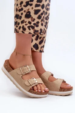 Klapki Damskie Na Platformie Z Klamrami Eko Zamszowe Beżowe Ursila