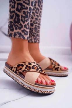 Klapki Damskie Na Platformie Camel Leopard Greta