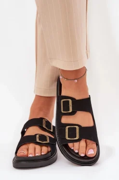 Klapki Damskie Na Platformie Z Klamrami Czarne Simbes