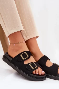 Klapki Damskie Na Platformie Z Klamrami Czarne Simbes