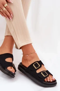 Klapki Damskie Na Platformie Z Klamrami Czarne Simbes