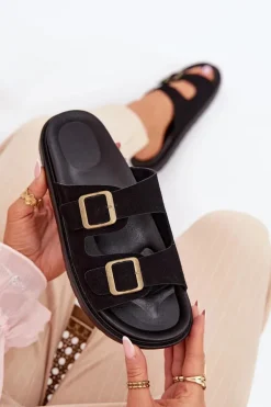 Klapki Damskie Na Platformie Z Klamrami Czarne Simbes