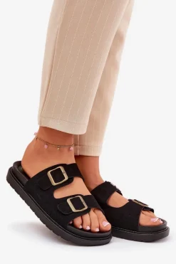 Klapki Damskie Na Platformie Z Klamrami Czarne Simbes